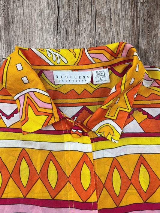 Restless 100% Silk Shirt Bold Geometric Print 90s