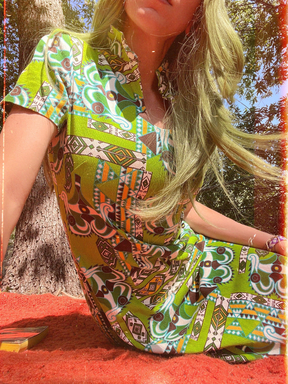 1960s Green Psychedelic Tribal Print Maxi Dress