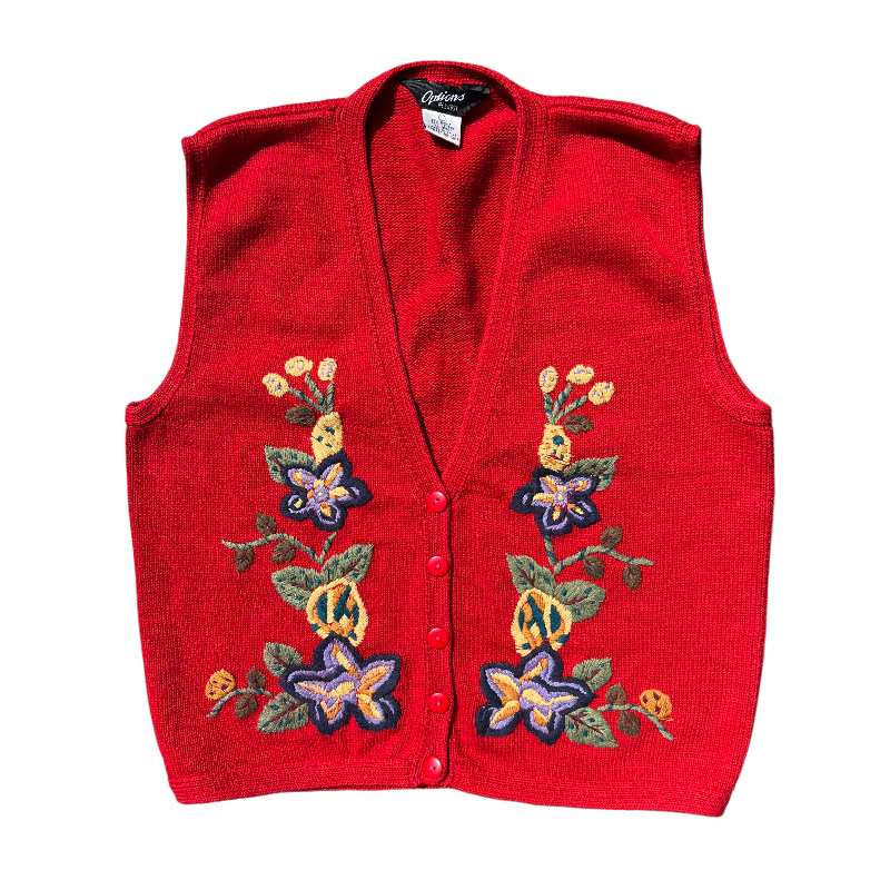 Options Melrose Red Floral Embroidered Knit Vest 90s