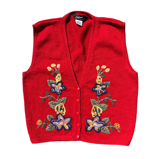 Options Melrose Red Floral Embroidered Knit Vest 90s
