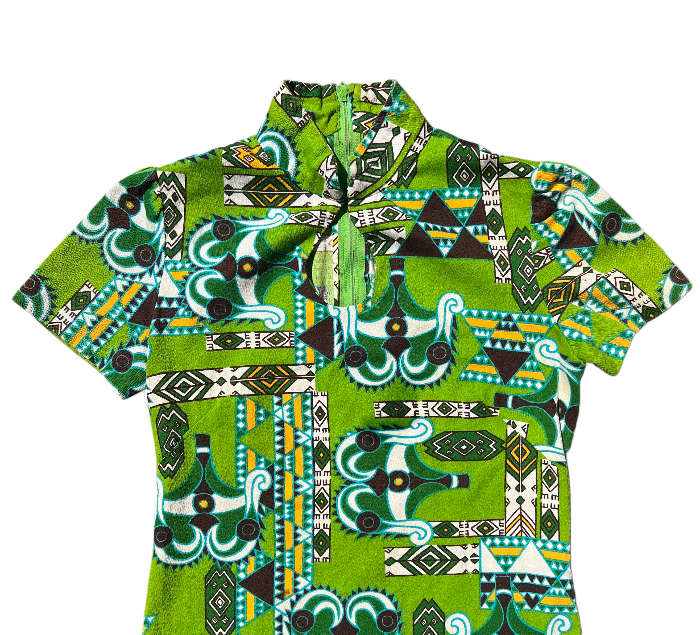 1960s Green Psychedelic Tribal Print Maxi Dress
