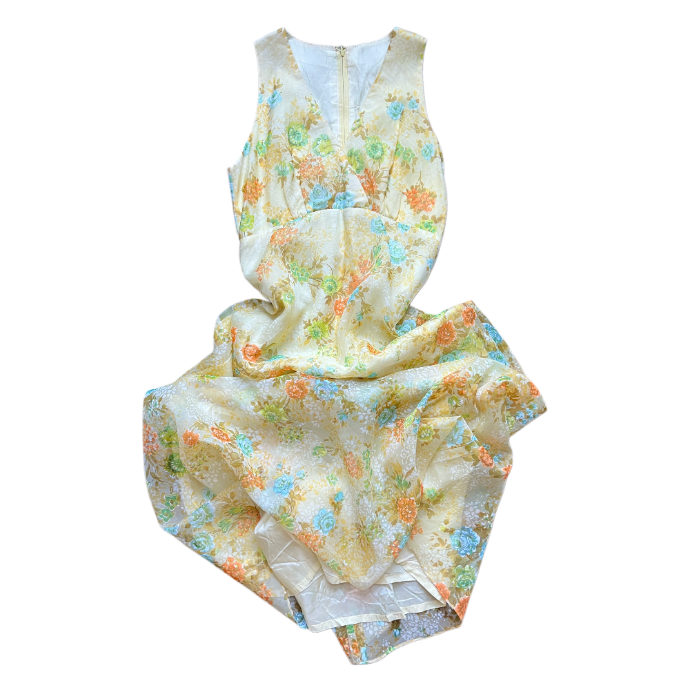 1960s Yellow Floral Organza– Handmade Vintage Evening Dress