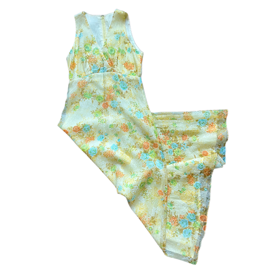 1960s Yellow Floral Organza– Handmade Vintage Evening Dress