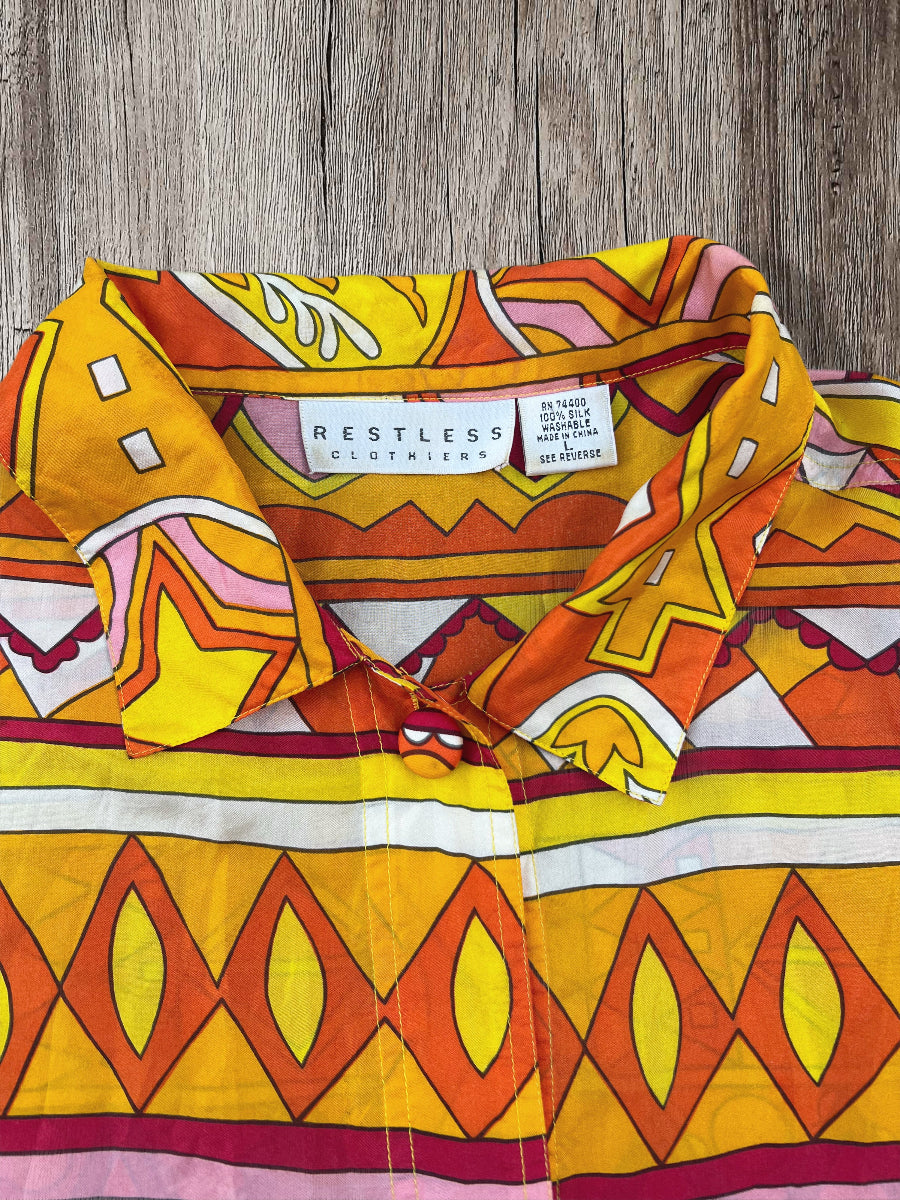 Restless 100% Silk Shirt Bold Geometric Print 90s