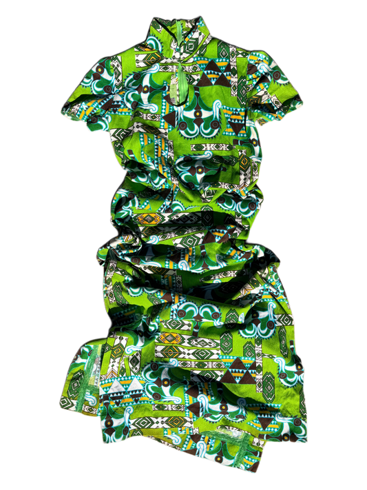 1960s Green Psychedelic Tribal Print Maxi Dress