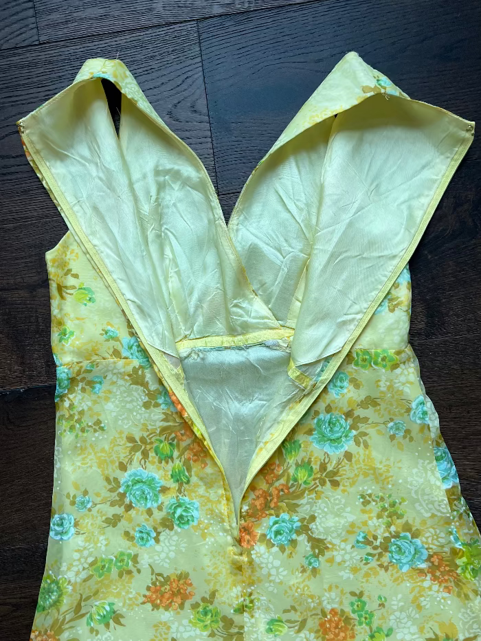 1960s Yellow Floral Organza– Handmade Vintage Evening Dress