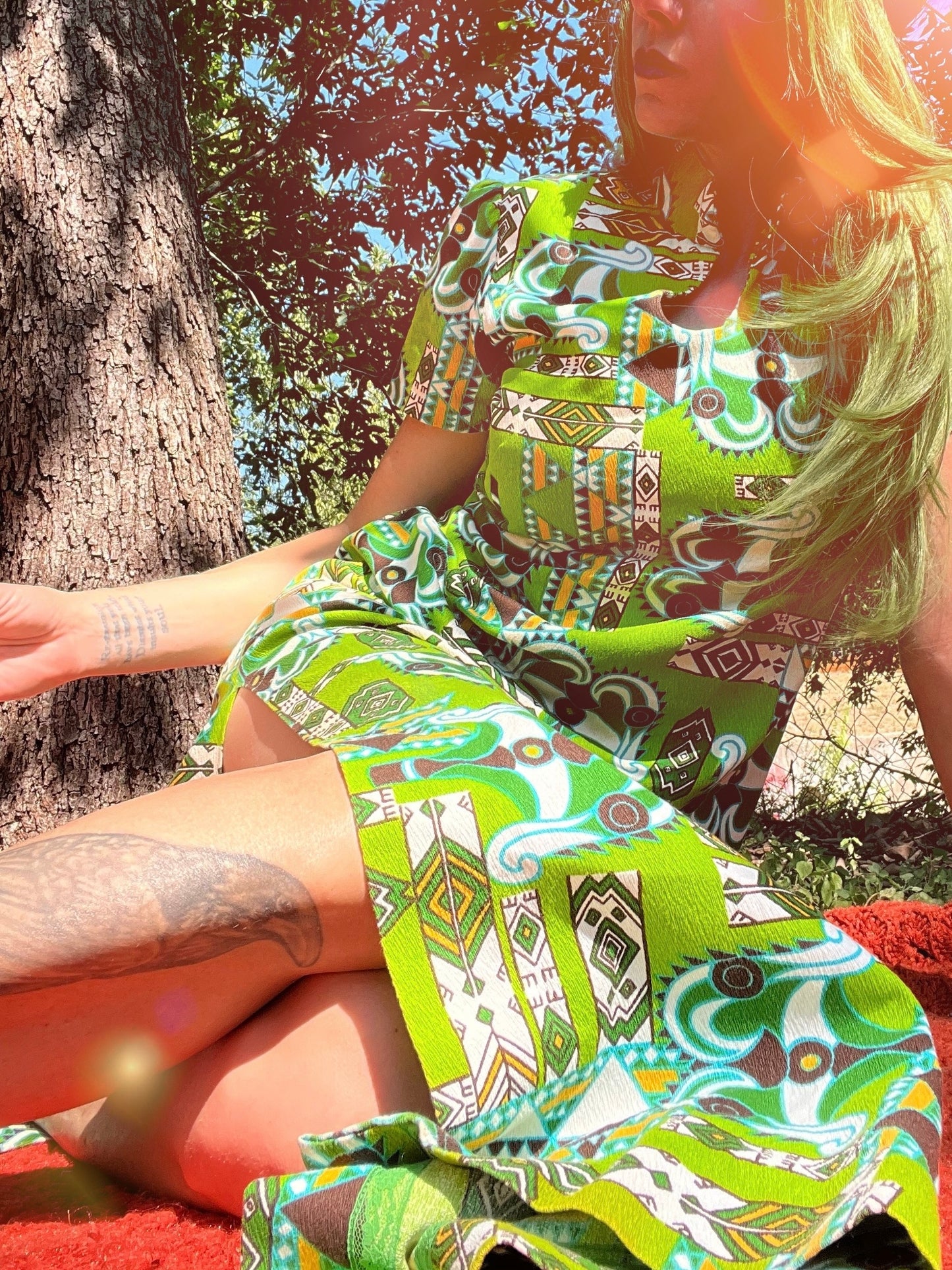 1960s Green Psychedelic Tribal Print Maxi Dress