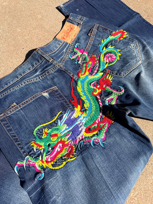 Ed Hardy “Dragon Back” Embroidered Jeans Y2K 40x34